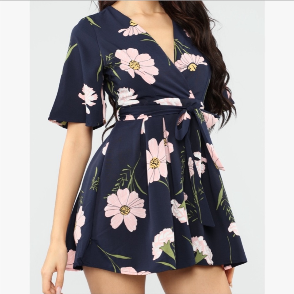 Navy blue and pink floral romper